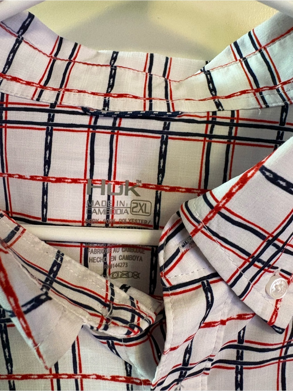 Huk Men’s White Short-Sleeve Plaid Shirt with Red & Navy Grid